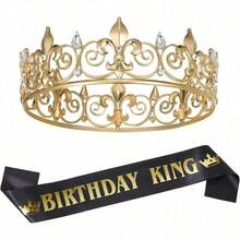 1/2 Pcs Birthday King Zinc Alloy Crown And Sash Set, Royal Gold King Crown For Men Party Decoration Prom Birthday Gifts For Men King Pageant Crown - View 15
