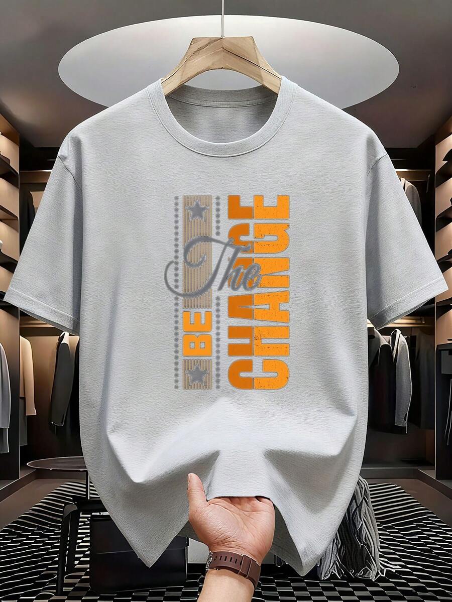 Be The Change Crew T-Shirt | Vintage Typography Graphics | Everyday Statement | Timeless Street Style - Light Grey - View 1