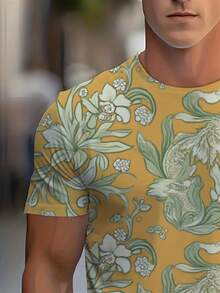 Camiseta Premium de Cuello Redondo para Hombre con Estampado Floral y Paisley de Inspiración Vintage - Base Amarillo Suave, Motivos Curvilineos Elegantes, Ropa Casual para Todas las Temporad - Negro - Ver 4