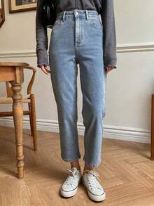 Chaqueta de mezclilla con capucha de manga larga y unicolor minimalista de uso diario para mujer y pantalones vaqueros de mujer - Lavado ligero - Ver 7