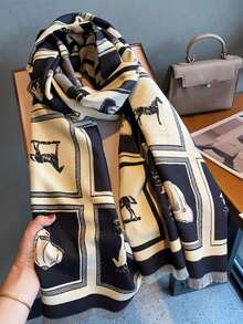 1pc Black & Beige Elegant Style Shawl Scarf, Autumn/Winter New Warm Thick Long Neck Warmer, 2-In-1 Wrap For Women, Student - Black - View 5