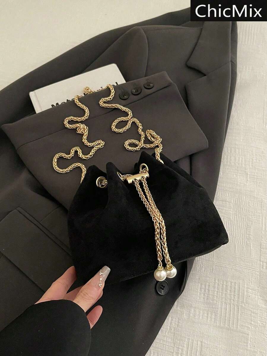 Mini Bucket Bag Crossbody Bag With Drawstring And Gold Pearl Chain, Various Textured Prints For Women, For Everyday Use And Parties - Burgundy - View 1