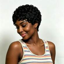 Pixie Cut Human Hair Wig Featuring A Voluminous Wavy Style And A Beautiful Black Finish; Short, Curly Wig With 4-Inch Wavy Curls And 200% Density For A Natural Look-Suitable For Daily Wear, Parties, And Special Occasions. - Natural Black - View 4