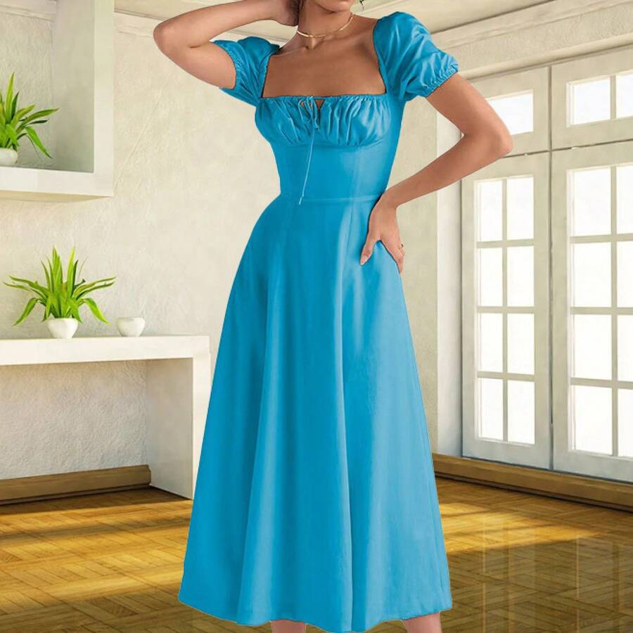 European And American Women's Fashion 2023, New Style, Fresh Floral Print Strappy Dress, Slim Fit And Side Slit For Women, Summer And Autumn - 藍色 - 查看 1