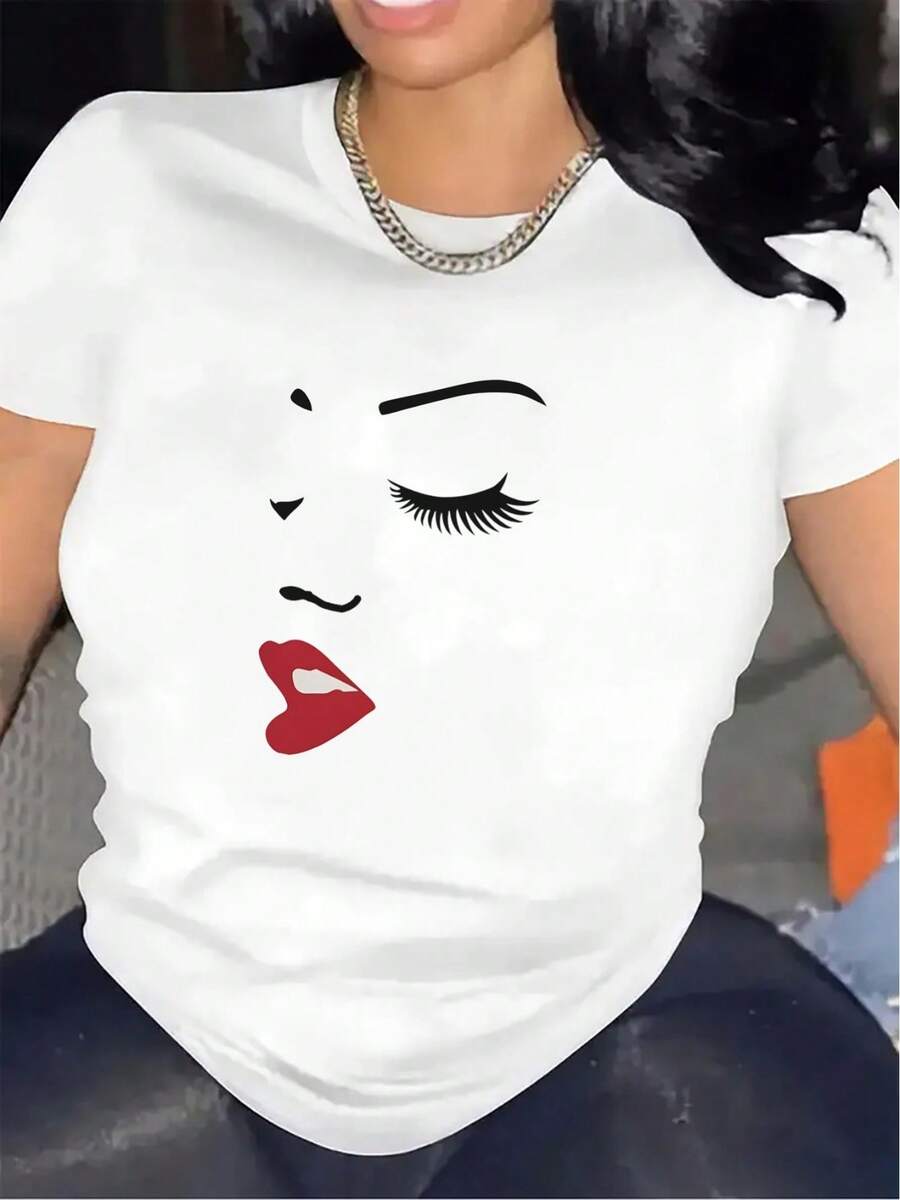 Women's T-Shirt: Lightweight And Durable Short-Sleeved T-Shirt With A Red Face Design, Ideal For Casual Outings At Home Or Restaurants, Offering A Comfortable Fit For Everyday Wear. Tops For Women - 白色 - 查看 1