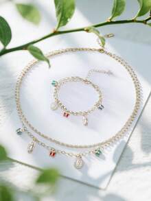Dainty 2-In-1 Religious Jewelry Set, Virgin Mary Guadalupe Necklace & Bracelet With Multicolor Butterfly Charmsv, Baptism Birthday Gift For Ladies - Multicolor - View 1