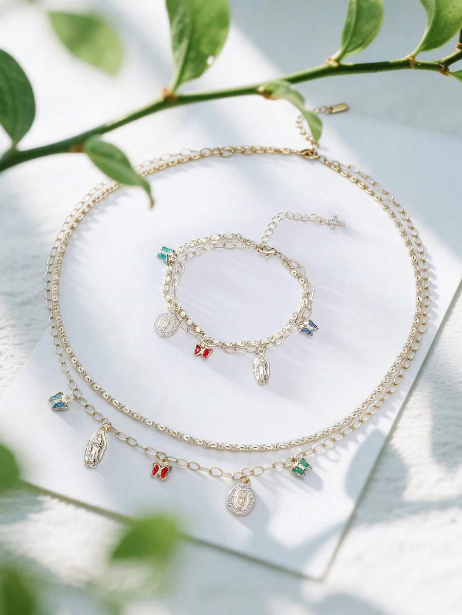 Dainty 2-In-1 Religious Jewelry Set, Virgin Mary Guadalupe Necklace & Bracelet With Multicolor Butterfly Charmsv, Baptism Birthday Gift For Ladies - Multicolor - View 1
