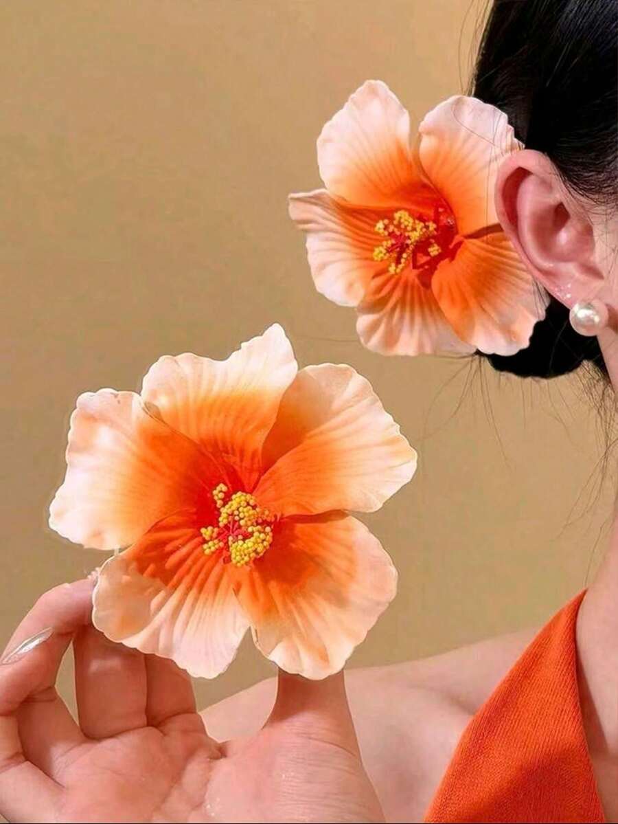 2Pcs Orange Gradient Hibiscus Flower Hair Clips, Large Tropical Floral Hair Pins, Boho Beach Vacation Hair Accessories For Women - Orange - View 1
