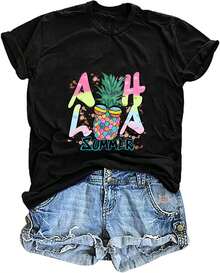 Aloha T-Shirt For Women Hawaiian Hibiscus Flower Pineapple Summer Vacation Beach Top - 黑色 - 查看 1