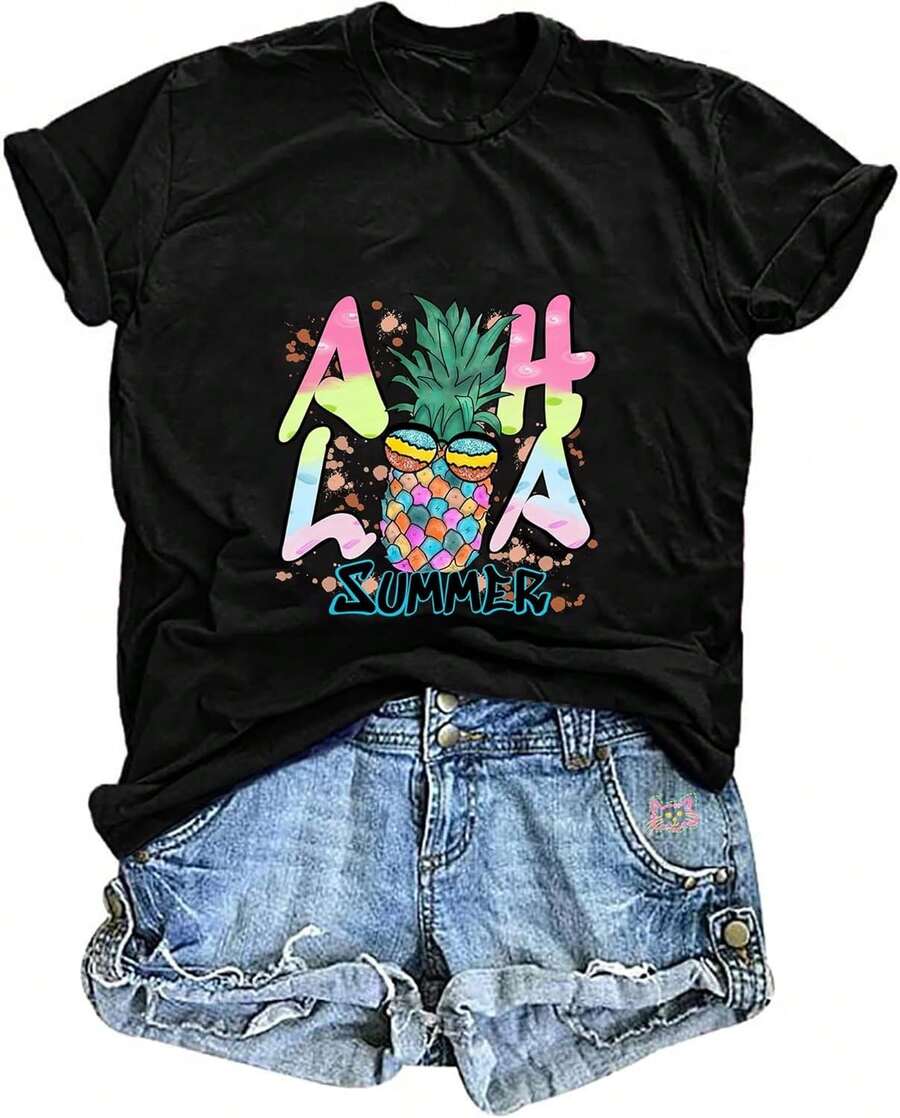Aloha T-Shirt For Women Hawaiian Hibiscus Flower Pineapple Summer Vacation Beach Top - 黑色 - 查看 1