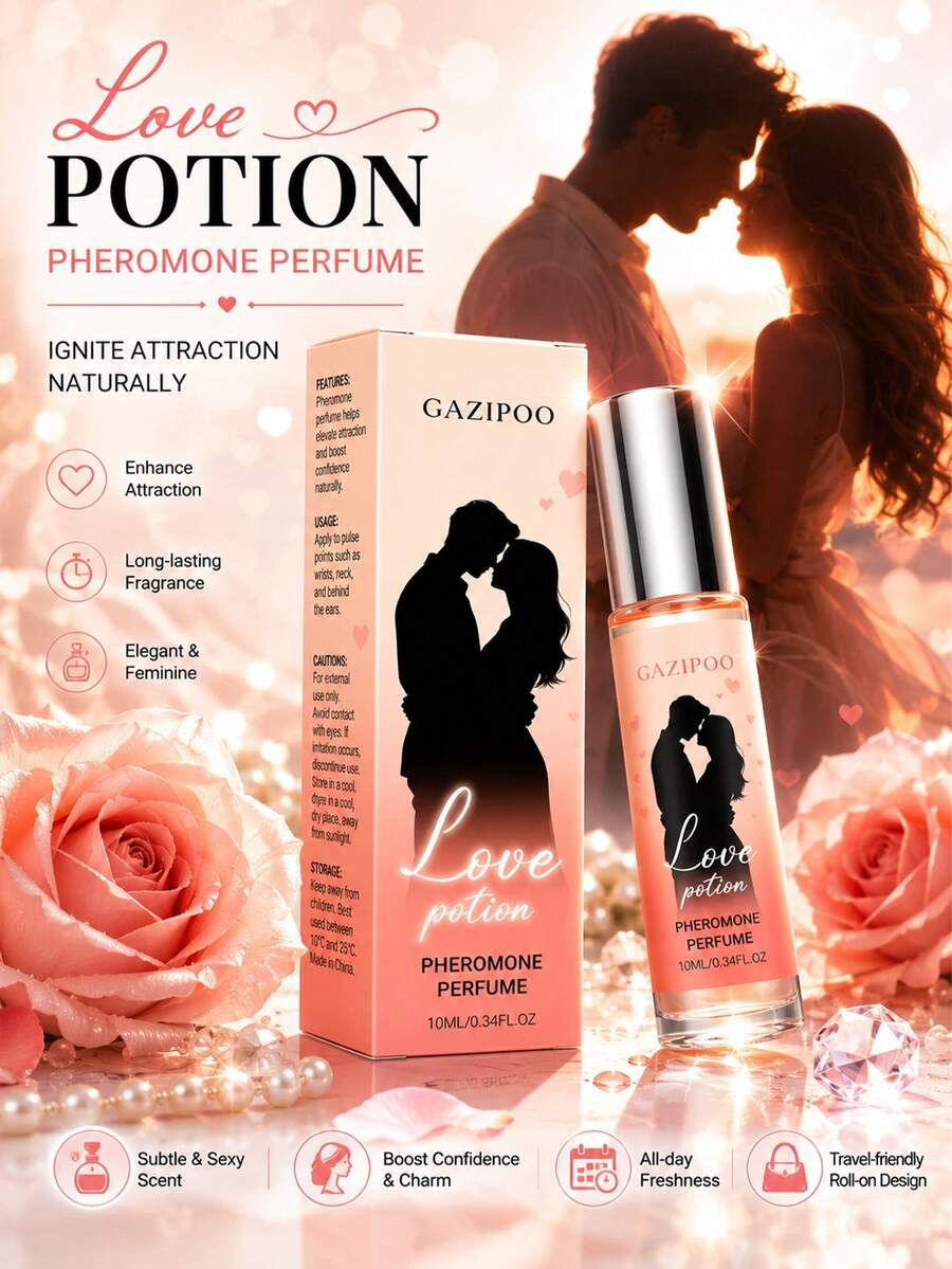 Love Potion Couple Pheromone Rollerball Fragrance, Sweet Romantic Floral Woody Scent, Long-Lasting Charming Fragrance, Mini Portable Leak-Proof Rollerball Fragrance, Suitable For Couple Dates, Valentine's Day, Travel, 10ML/0.34FL.OZ - Pheromones - View 1