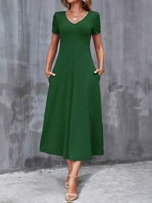 Vestido Casual Cuello en V Manga Corta con Bolsillos.Color Sólido, Lavable aáquina, Versátil para Todas las Estaciones. - Verde - Ver 1