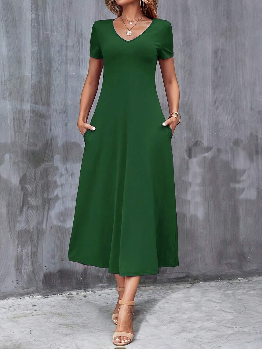 Vestido Casual Cuello en V Manga Corta con Bolsillos.Color Sólido, Lavable aáquina, Versátil para Todas las Estaciones. - Verde - Ver 1