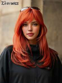 7JHH WIGS 中長款橘色分層假髮，附簾幕瀏海，18英吋蓬鬆耐熱合成纖維全機製假髮，適合女性派對穿著、萬聖節與節慶 Cosplay 及日常使用 - 橘色 - 查看 1