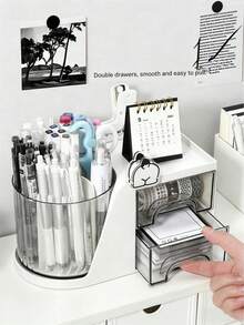Large Capacity Transparent Rotating Pen Holder With Drawer, Desktop Stationery Storage Box, Rotating Storage Box, Desktop Drawer-Style Storage Rack, Large Capacity Office Supplies Storage Box, Pen Holder, Workstation Accountant Manual/Folder Storage Rack - Multicolor - View 4