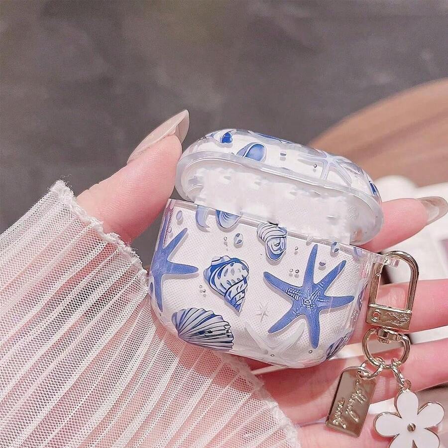 Transparent Earphone Case Compatible With Apple 4 Pro3/Pro/Pro2 With Cute Beautiful Seashell And Starfish Pattern Design, Keychain, Small Gift Specially Designed For Women And Girls - Multicolor - View 1
