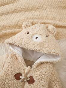 1pc Newborn Baby Hooded White Plush Fabric, Reversible Zipper & Button Design, Cute Bear Style, Long Sleeve Footed Jumpsuit, Comfortable For Infant - Khaki - View 4