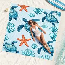 1 pieza Toalla de playa/estera de tortuga azul oversized, a prueba de arena y secado rápido, adecuada para 1-3 adultos - Tela de poliéster ligera y duradera - Perfecta para viajes, camping, senderismo y tiempo de ocio en la playa, estera de playa, estera de picnic, cubierta de suelo de camping - Multicolor - Ver 2