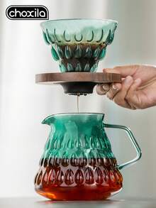 choxila 1pc Gradient Color Glass Pour Over Coffee Pot, 700ml Glass Sharing Coffee Pot With Glass Coffee Filter And Wooden Base, Home Or Office Coffee Pot Set - Green Gradient Sharing Pot - View 5