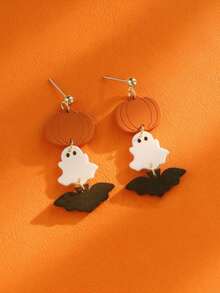 1 Pair Halloween Acrylic Engraved Pumpkin Earrings With Soft Clay-Like Texture Ghost & Bat Dangle Earrings For Kids - Multicolor - View 5