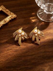 1pc Stainless Steel Gold Wing Shape, Thick Design, Anti-Fading, Inlaid With High-Quality Artificial Pearls, Suitable For Women's Daily Decoration Or Gift - Gold - View 6