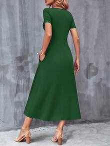 Vestido Casual Cuello en V Manga Corta con Bolsillos.Color Sólido, Lavable aáquina, Versátil para Todas las Estaciones. - Verde - Ver 10