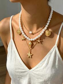 3er Set Damenketten, goldener, eleganter, minimalistischer, bohemian-artiger Luxus-Schmuck mit einzigartigen Ozean-Elementen und Stern-Anhängern, geeignet für den täglichen Gebrauch, Urlaub, Strand, Fotoshootings, Dates, Partys, als Hochzeitsgeschenk - Goldgelb - Übersicht 1