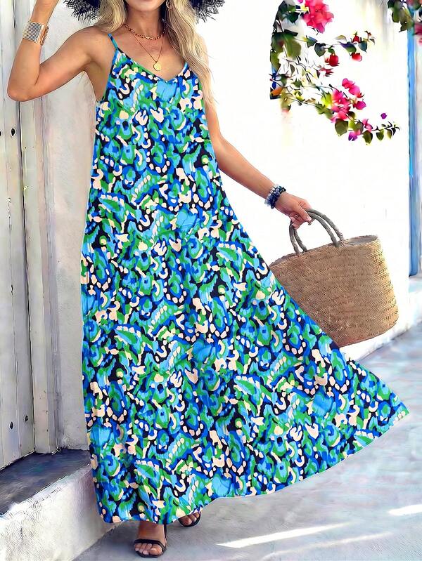 2026 Summer Plus Size Women's Bohemian All-Over Print Deep V-Neck Backless Spaghetti Strap Dress, Casual Style, Fashionable Elegant, Minimalist French Vintage Romantic Style; Suitable For Daily Commute, Beach Vacation
