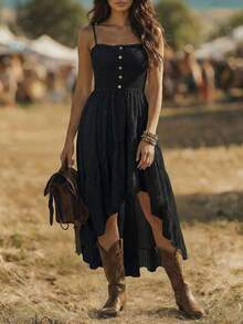 Holidaya Vestido de mujer de longitud media con cintura ceñida, estilo bohemio casual para vacaciones, con parte delantera corta y parte traser - Azul marino - Ver 4