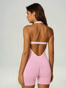 UONNOU Halter Neck Open Back Romper For Women, Contrast Trim Tummy Control Slim Sports Bodysuit - Pink - View 2