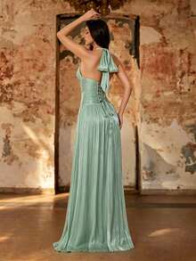 Summer Elegant Satin Mint Green Shiny Pleated Slit A-Line Maxi Dress, Evening Prom Gown For Women Wedding, Party, Vacation, Festival, Going Out - Mint Green - View 3