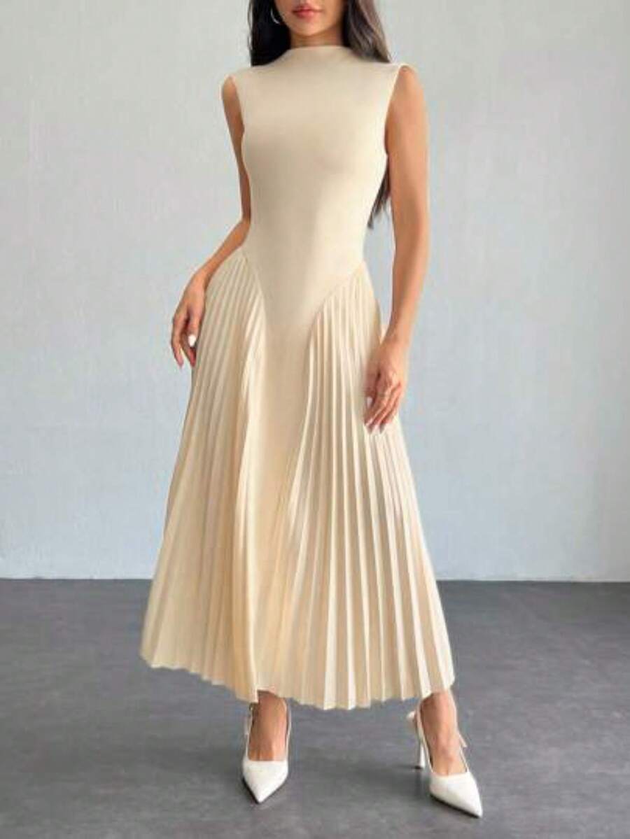 PETITE Vestido ajustado de línea A con pliegues elegante para mujer - Albaricoque - Ver 1