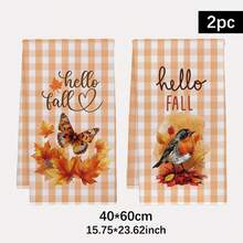 2pcs Autumn Theme Orange Plaid Butterfly Maple Leaf Robin Pattern Kitchen Towels, Rectangular Microfiber Kitchen Towels, Dish Cloths, Scouring Pads, Hand Towels, Cooking Baking Tea Towels, Kitchen Decor, Housewarming Gifts, Birthday Gifts, Bathroom Cleaning Wipes, Decorative Towels - Multicolor - View 2