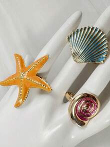 imoli 3pcs/Set Bohemian Beach Vacation Stackable Ocean Theme Enamel Orange Starfish + Pink Spiral Conch + Turquoise Scallop Shell Personalized Ring Set, Knuckle Rings, Suitable For Summer Seaside Party Daily Wear Jewelry Gift - 32817-ring-yb - View 8