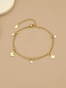 1pc Fashionable Minimalist Butterfly & Star Double Layer Stainless Steel Women's Beach Anklet, Anklet, Stainless Steel Jewelry, Gold Jewelry, Summer, Beach, Vacation Jewelry, Charm, Pride, Western Jewelry, Gift For Women, Gift, Birthday Gift - Multicolor - View 3