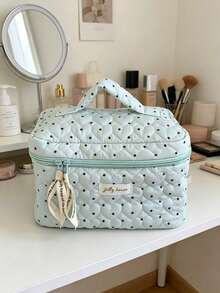 Cute Heart Quilted Makeup Bag Light Blue Polka Dot Cotton Cosmetic Organizer Case Portable Large Capacity Travel Toiletry Bag With Inner Mesh Pocket - Baby Blue - View 17