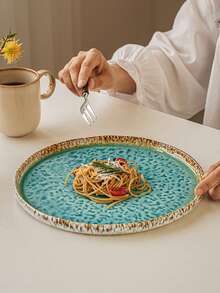 Mirror-Smooth Ceramic Dinner Plate With Crackle Decoration, Suitable For Home Or Restaurant Use. Ideal Tableware For Western Steak Dishes. Additionally, It Is A Very Suitable Large Round Ceramic Plate For Restaurant Use, Especially For Serving Sashimi And Other Delicacies. - Multicolor - View 4