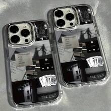 1pc Metal Transparent Personalized Black & White Emotional Fragment Collage Pattern Phone Case Compatible With IPhone 16 Pro Max/17/16/15/14 Plus/13/12/11/Air Protective Cover - Multicolor - View 3