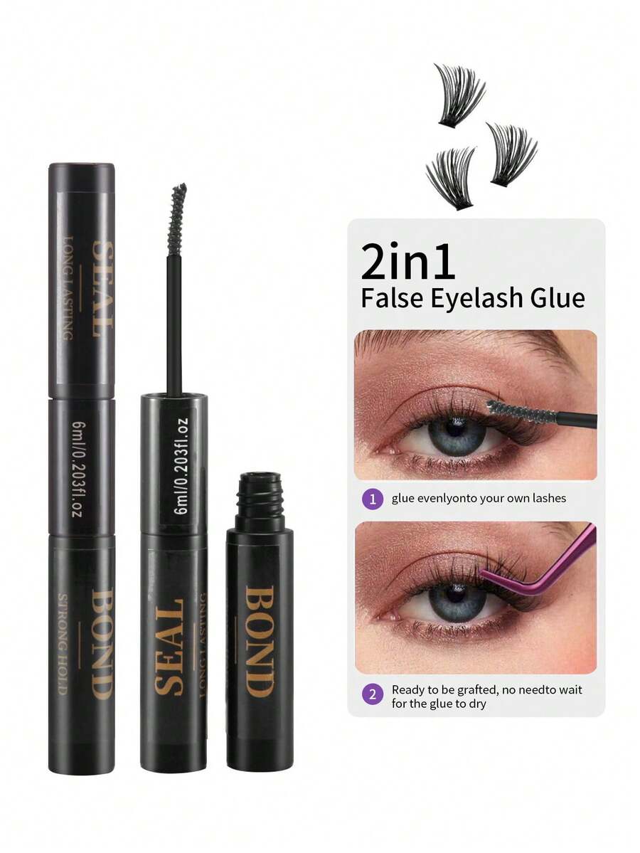1pc Black Lash Glue & Clear Sealant 2-In-1, 6ml DIY Lash Extension Adhesive For Lash Clusters & Strip Lashes, Strong Hold Lasts 48-72 Hours, Latex-Free, Waterproof & Fast-Drying, Gentle Formula For Personal Home Eye Makeup