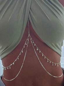 pieza de cadena corporal con adornos de cristal, elegante y sexy, adecuada para fiestas, ropa de playa, regalo de vacaciones. - Plateado - Ver 4
