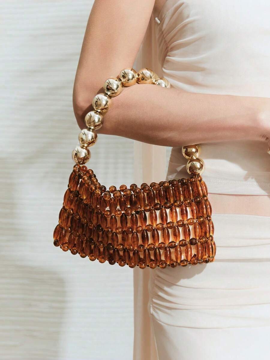 Bolsos de Mano para Mujer SHECARRY, Elegantes Bolsos con Cuentas para Fiestas y Vacaciones - Café - Ver 1