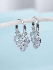 Par de Pendientes de Aro Pequeños de Lujo, Elegantes, Brillantes, Versátiles y de Alta Calidad, en Oro, Plata, Rosa, Coloridos, Melocotó, Forma de Gota de Agua y Corazó, conúltiples Ci - Plateado - Ver 7