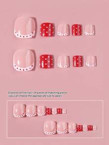 24er/Set Y2K mittlere quadratische weiße & rote French Tip Zehennägel Aufkleber, Polka Dot Design, Vollabdeckung Acryl Kunstnägel, inklusive 1 Stück Jelly Kleber und 1 Stück Nagelfeile, geeignet für die tägliche Nagelpflege von Frauen - Verschiedenfarbig - Übersicht 3