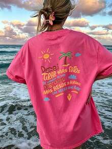 Women's Casual Long Pink Crew Neck Drop Shoulder T-Shirt, Eye-Catching Graphic, Fashionable Autumn Look, Outdoor Y2K Street Style, Pure Cotton - Dragon Fruit Color - View 4