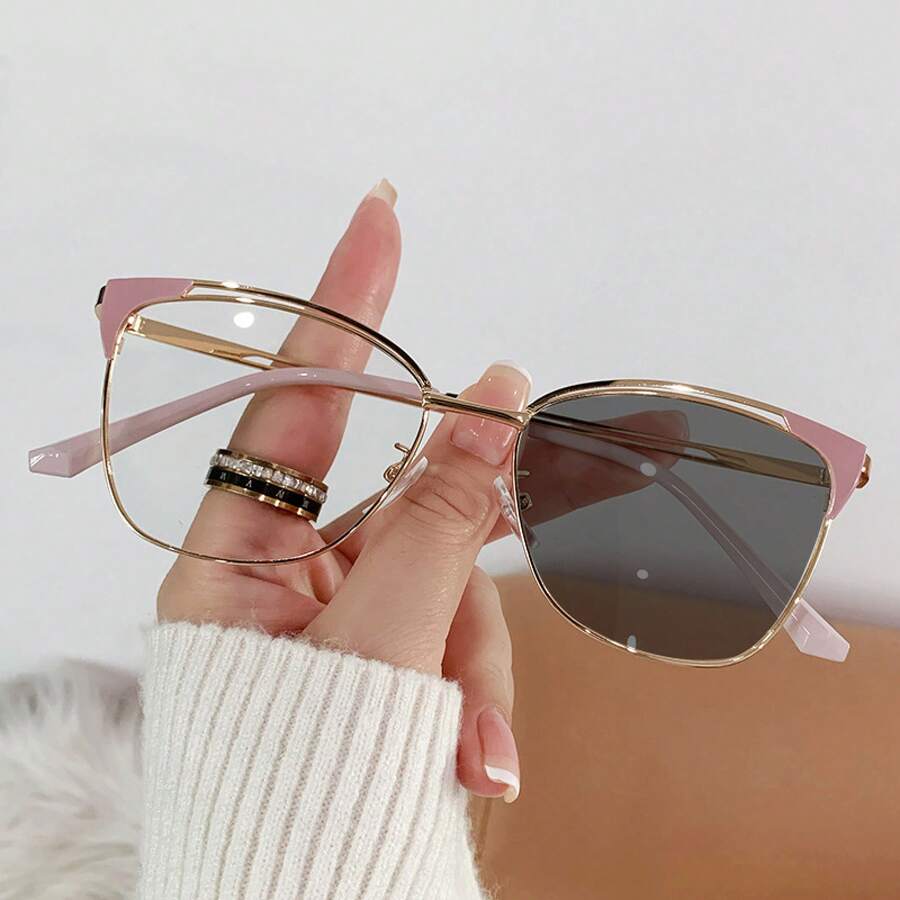 Modern Color-Changing Glasses, Flat Metal Frame With A Fashionable Hollow Design, Retro Color-Changing Glasses. - 粉紅金框 - 查看 1