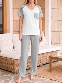 Women's Casual Colorblock Raglan Sleeve Patch Pocket Design V-Neck Pullover T-Shirt Short Sleeve Long Pants Pajama Set - Multicolor - View 5