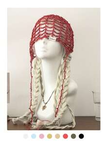 1pc Handmade Beaded Knit Hat, Women's Retro Hollow For Photo Shooting, Boho Chic Headwear, Pure Handmade Beaded Knit Hat, Women's Fashionable Retro , Hollow Out Beaded Tassel Headwrap, Summer Thin Breathable Face-Slimming Beanie - White Label Silver Beads Wide Pattern - View 12