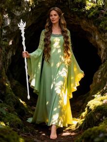 Elf Cosplay Costume Medieval Dress Long Bell Sleeves Round Neck Woven Fabric Stage Performance Women Fantasy Outfit Fall - Green - View 4