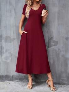Casual V-Neck Short Sleeve Dress With Pockets. Solid Color, Machine Washable, Versatile For All Seasons. - 酒紅色 - 查看 9