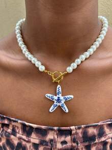 Blue And White Porcelain Starfish Shell Conch Necklace, Summer Vacation Style Handmade Beaded Stainless Steel Pendant Beach Accessory - Beaded Necklace - View 6